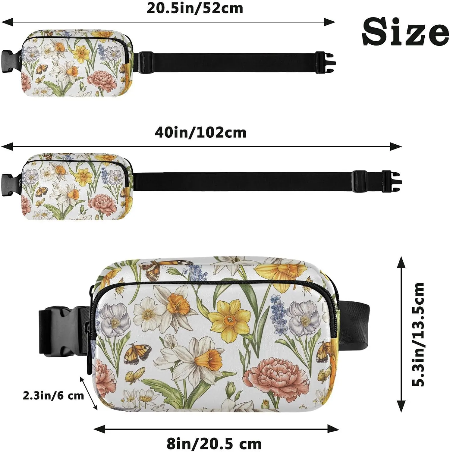 Spring Flowers Peonies Butterflies White Stylish Crossbody Bag Waist Packs for Men Women Large Capacity Sling Chest Bag with Adjustable Strap for Travel Running Hiking