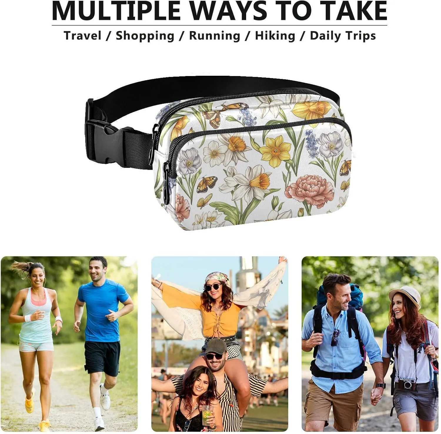 Spring Flowers Peonies Butterflies White Stylish Crossbody Bag Waist Packs for Men Women Large Capacity Sling Chest Bag with Adjustable Strap for Travel Running Hiking