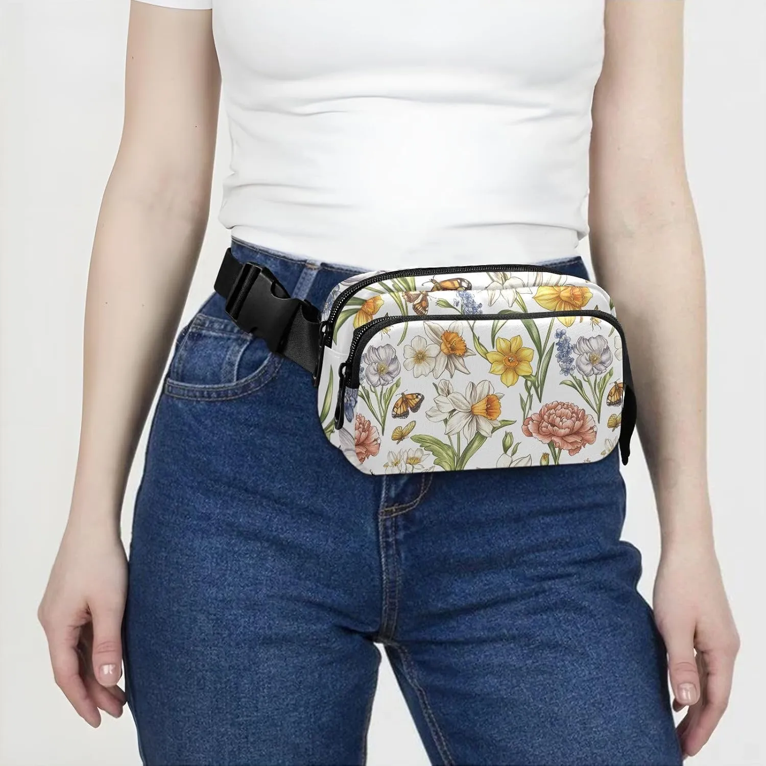Spring Flowers Peonies Butterflies White Stylish Crossbody Bag Waist Packs for Men Women Large Capacity Sling Chest Bag with Adjustable Strap for Travel Running Hiking