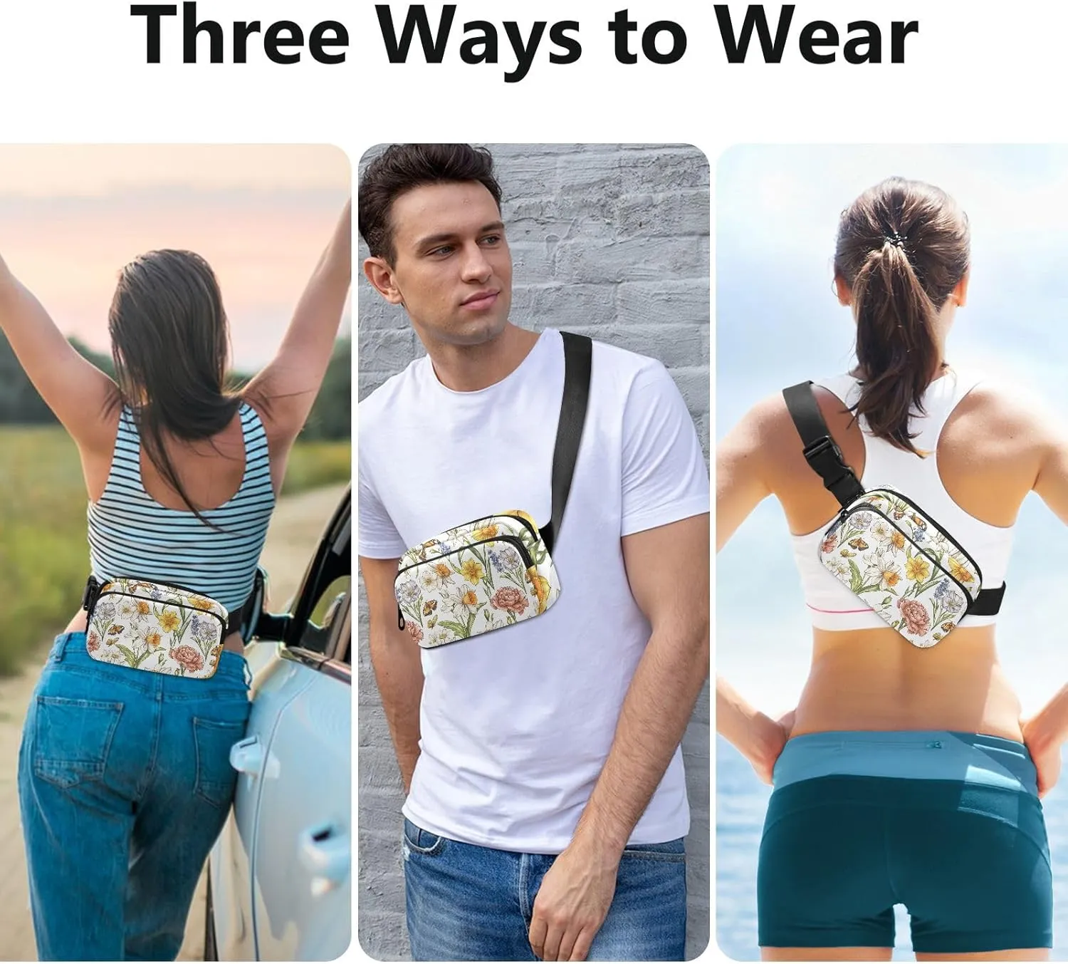 Spring Flowers Peonies Butterflies White Stylish Crossbody Bag Waist Packs for Men Women Large Capacity Sling Chest Bag with Adjustable Strap for Travel Running Hiking