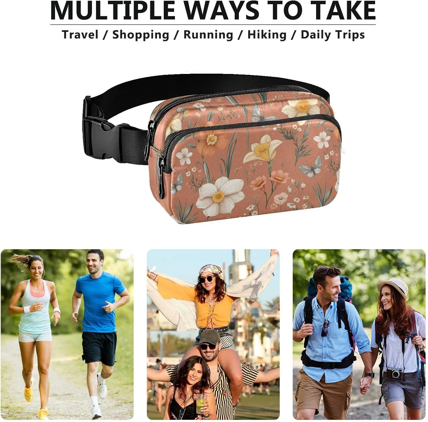 Summer Flowers Daffodils Begonia Butterflies Terracotta Cute Fanny Pack Waist Bag for Women Men Large Capacity Crossbody Bag Anti Theft Waist Pack with Adjustable Strap for Shopping Sports Work