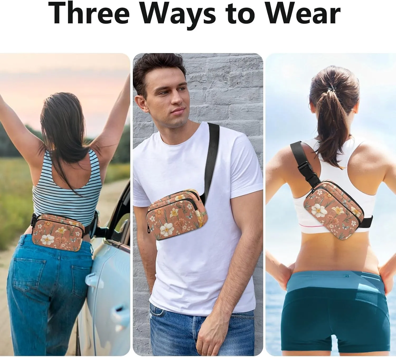 Summer Flowers Daffodils Begonia Butterflies Terracotta Cute Fanny Pack Waist Bag for Women Men Large Capacity Crossbody Bag Anti Theft Waist Pack with Adjustable Strap for Shopping Sports Work