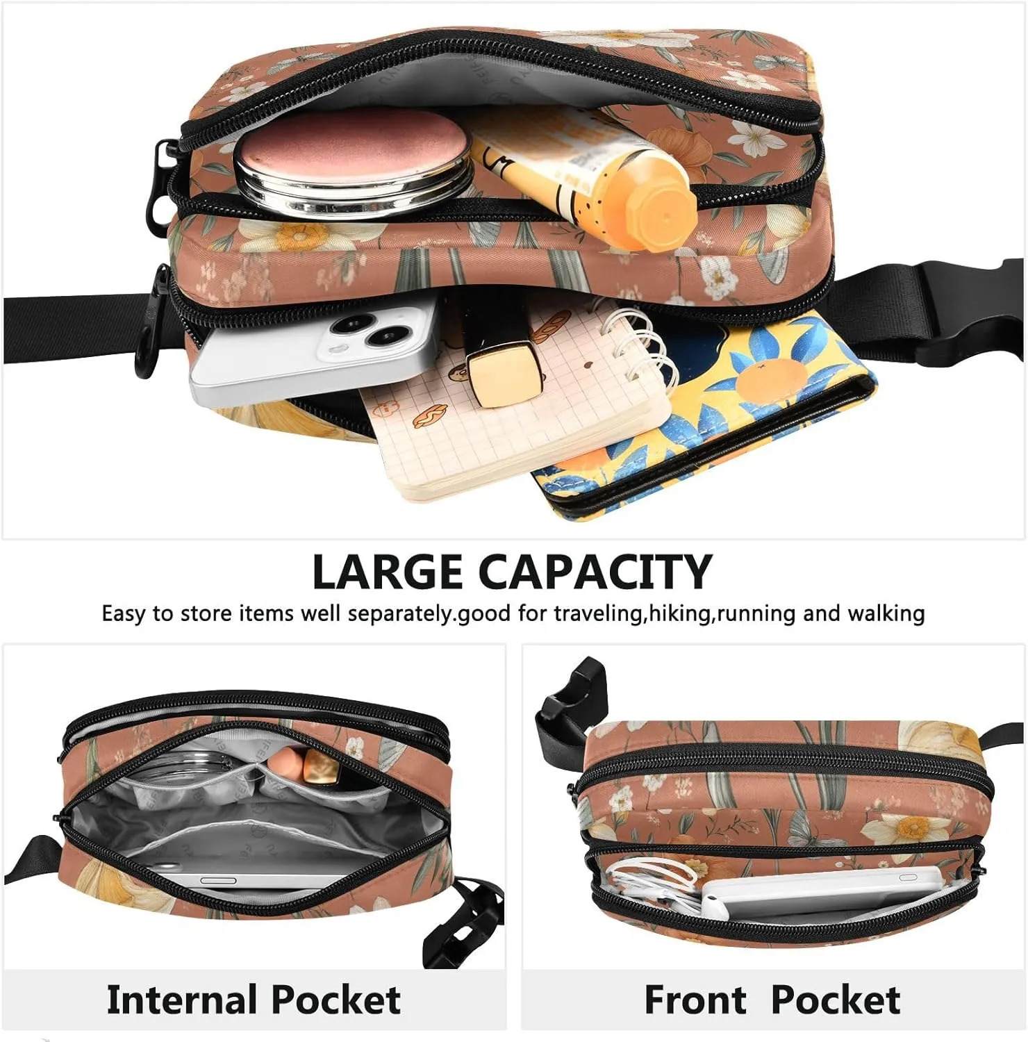 Summer Flowers Daffodils Begonia Butterflies Terracotta Cute Fanny Pack Waist Bag for Women Men Large Capacity Crossbody Bag Anti Theft Waist Pack with Adjustable Strap for Shopping Sports Work