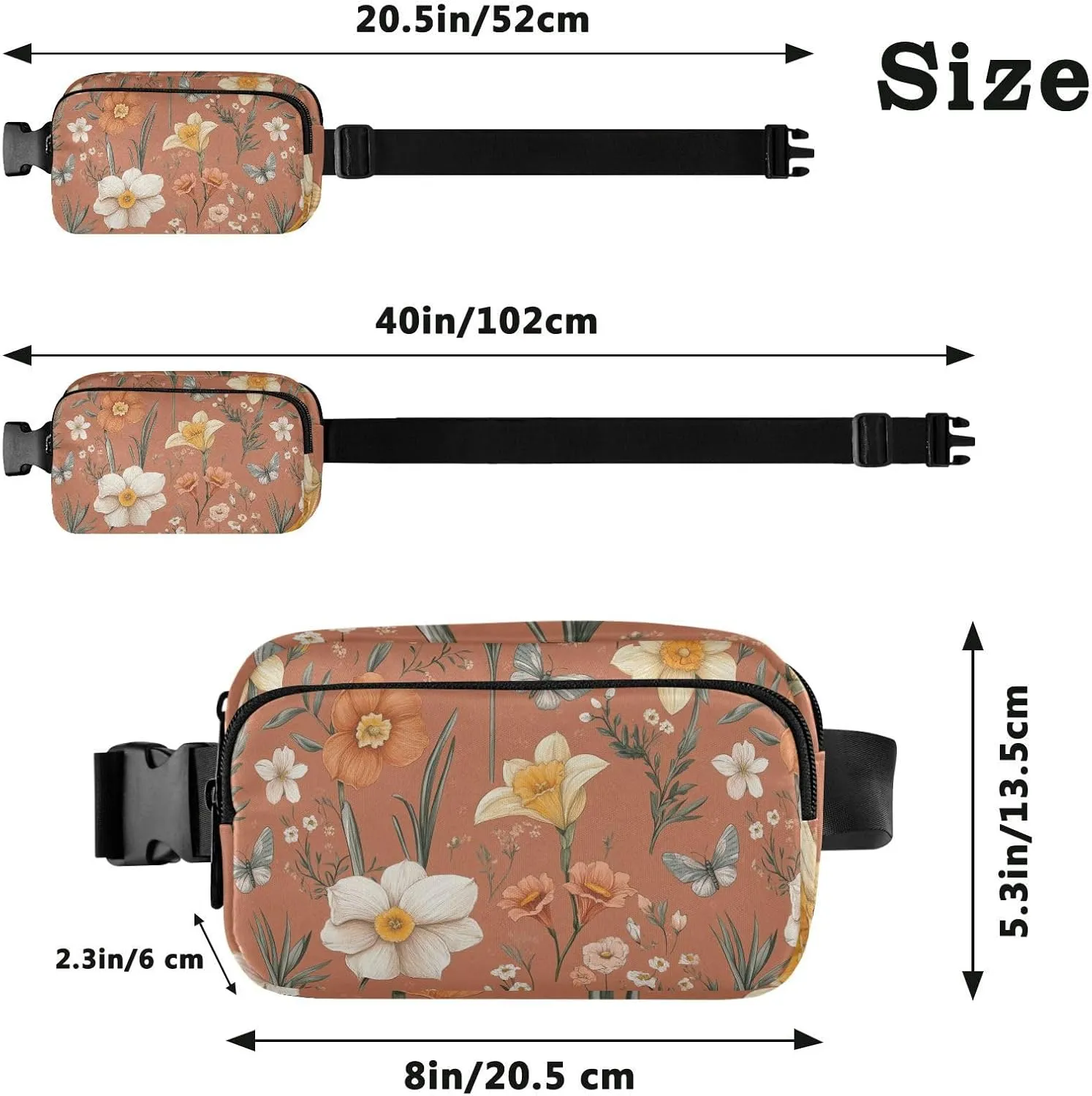 Summer Flowers Daffodils Begonia Butterflies Terracotta Cute Fanny Pack Waist Bag for Women Men Large Capacity Crossbody Bag Anti Theft Waist Pack with Adjustable Strap for Shopping Sports Work