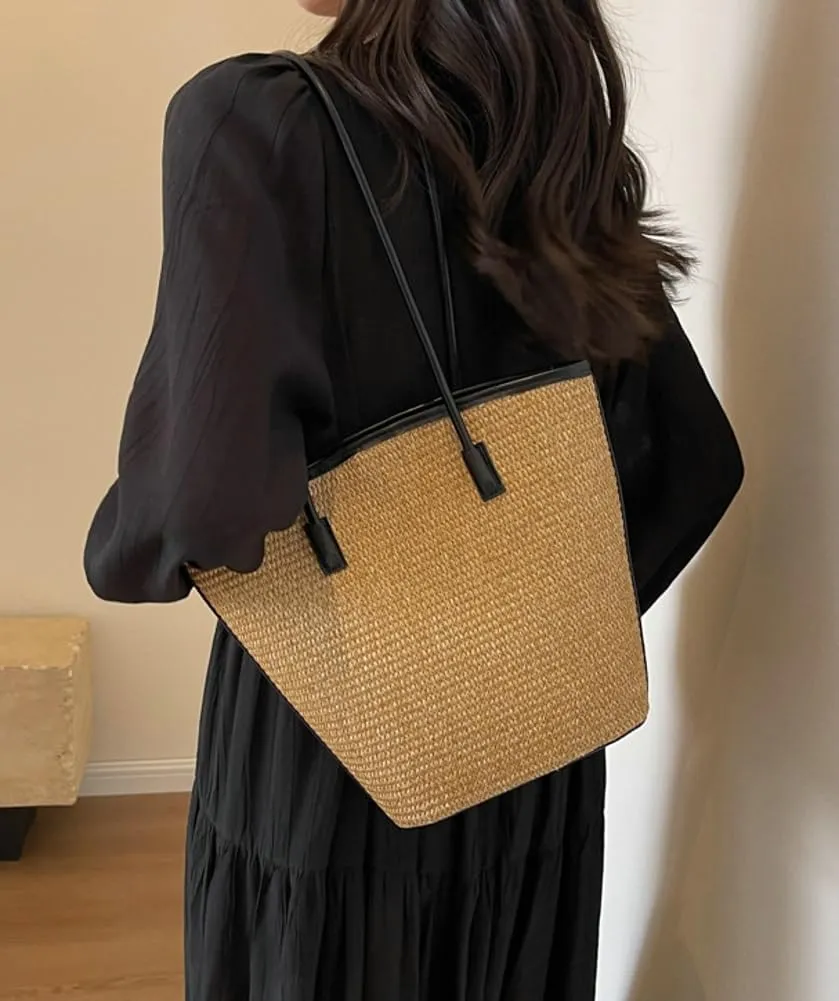 Summer Straw Tote Bag for Women Casual Shouler Purse Summer Beach Handbag Woven Top Handle Satchel 2pcs