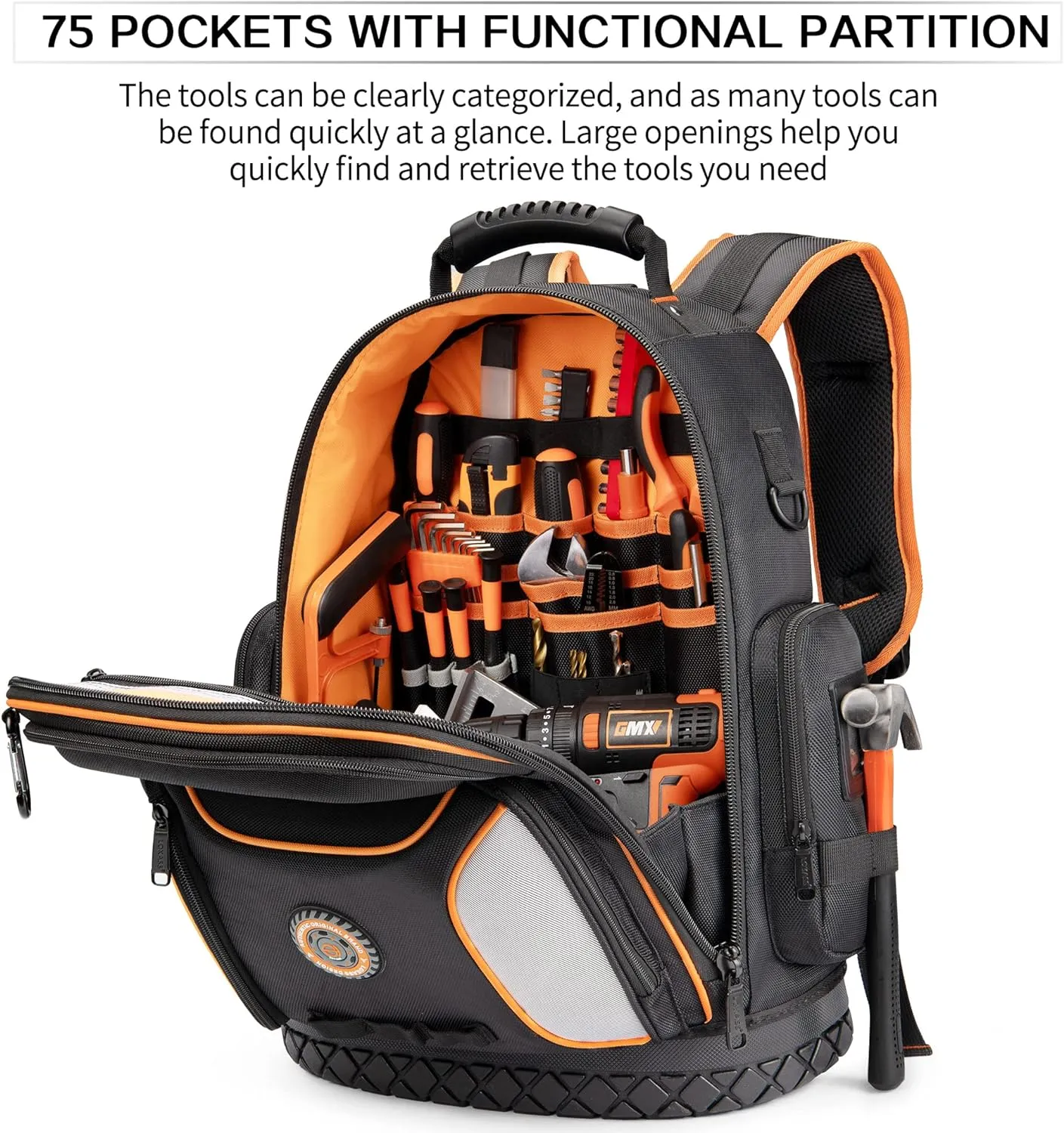 Tool Backpack Bag, Durable Electrician Backpack Tool Bag for HVAC with Waterproof Molded Base, Construction Work Heavy Duty Tools Organizer Bags with Combination Lock Large - Black