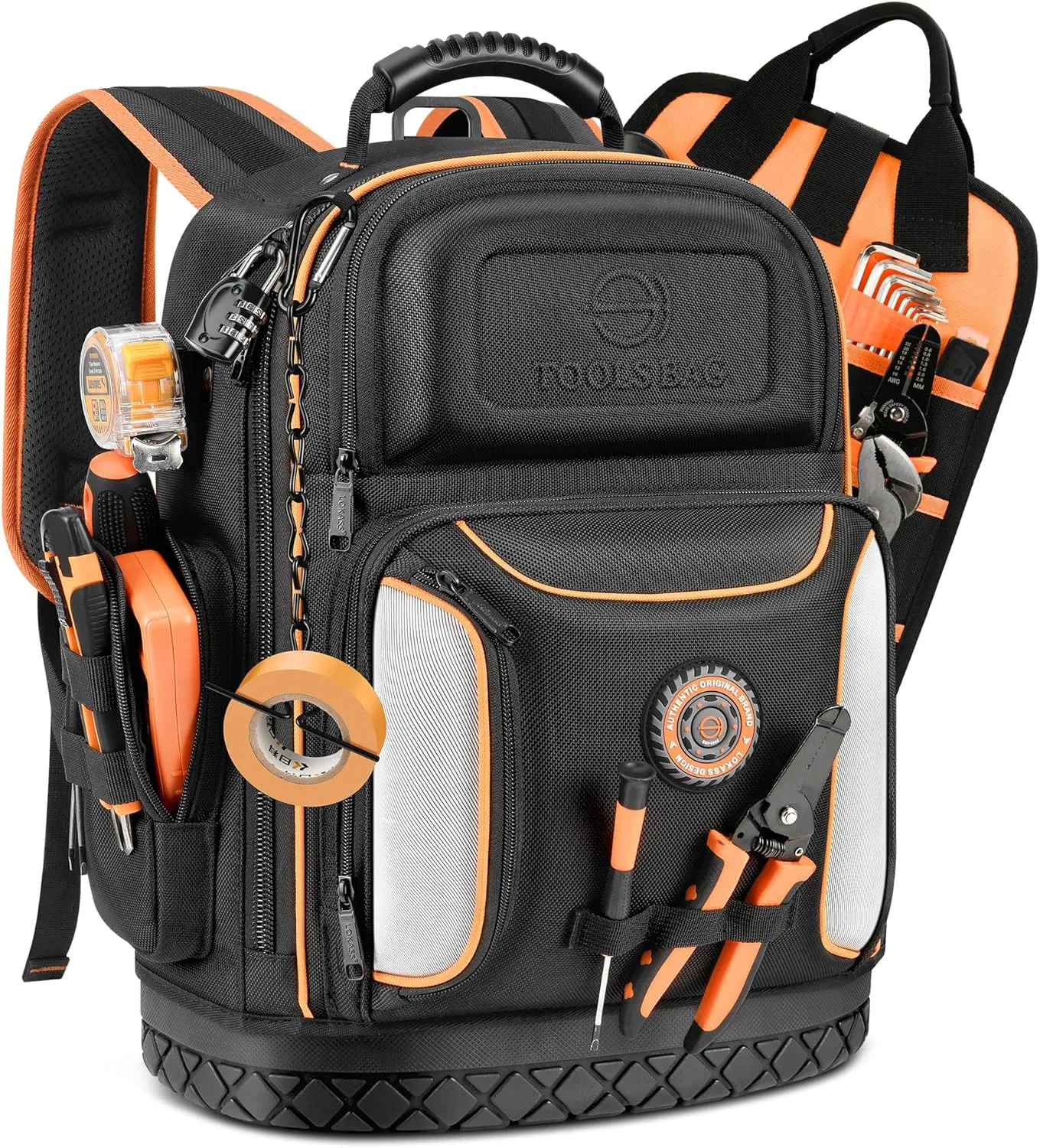 Tool Backpack Bag, Durable Electrician Backpack Tool Bag for HVAC with Waterproof Molded Base, Construction Work Heavy Duty Tools Organizer Bags with Combination Lock Large - Black