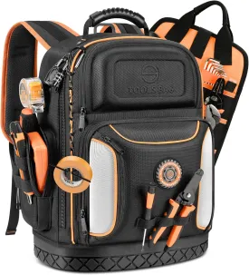Tool Backpack Bag, Durable Electrician Backpack Tool Bag for HVAC with Waterproof Molded Base, Construction Work Heavy Duty Tools Organizer Bags with Combination Lock Large - Black