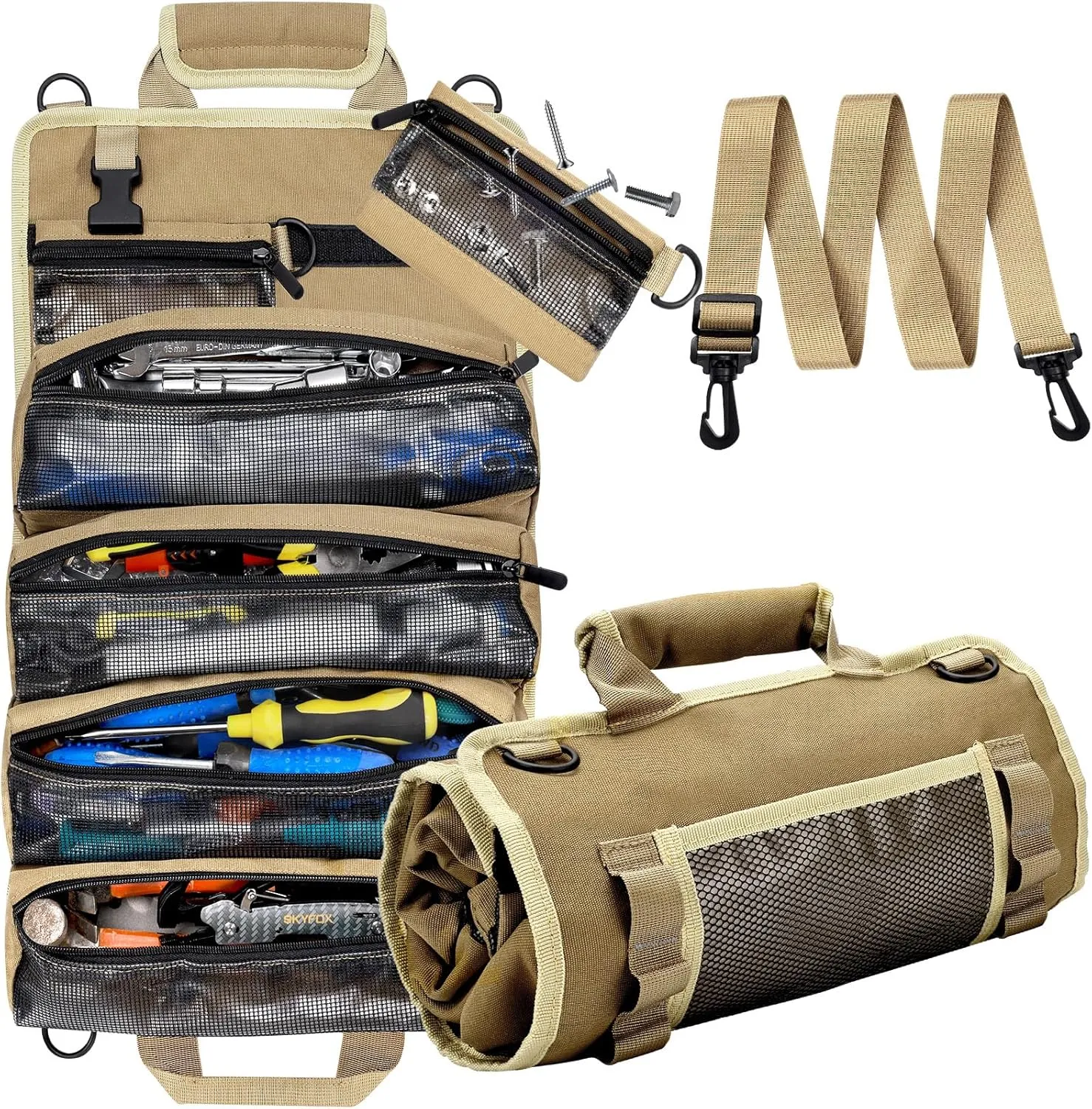 Tool Bag Roll Up, Heavy Duty Tool Organizer for Men, Portable Tool Storage With 2 Detachable Zipper Pouch, Visible Design, Canvas Truck Motorcycle Tool Bag, Gift for Dad Electrician Mechanic