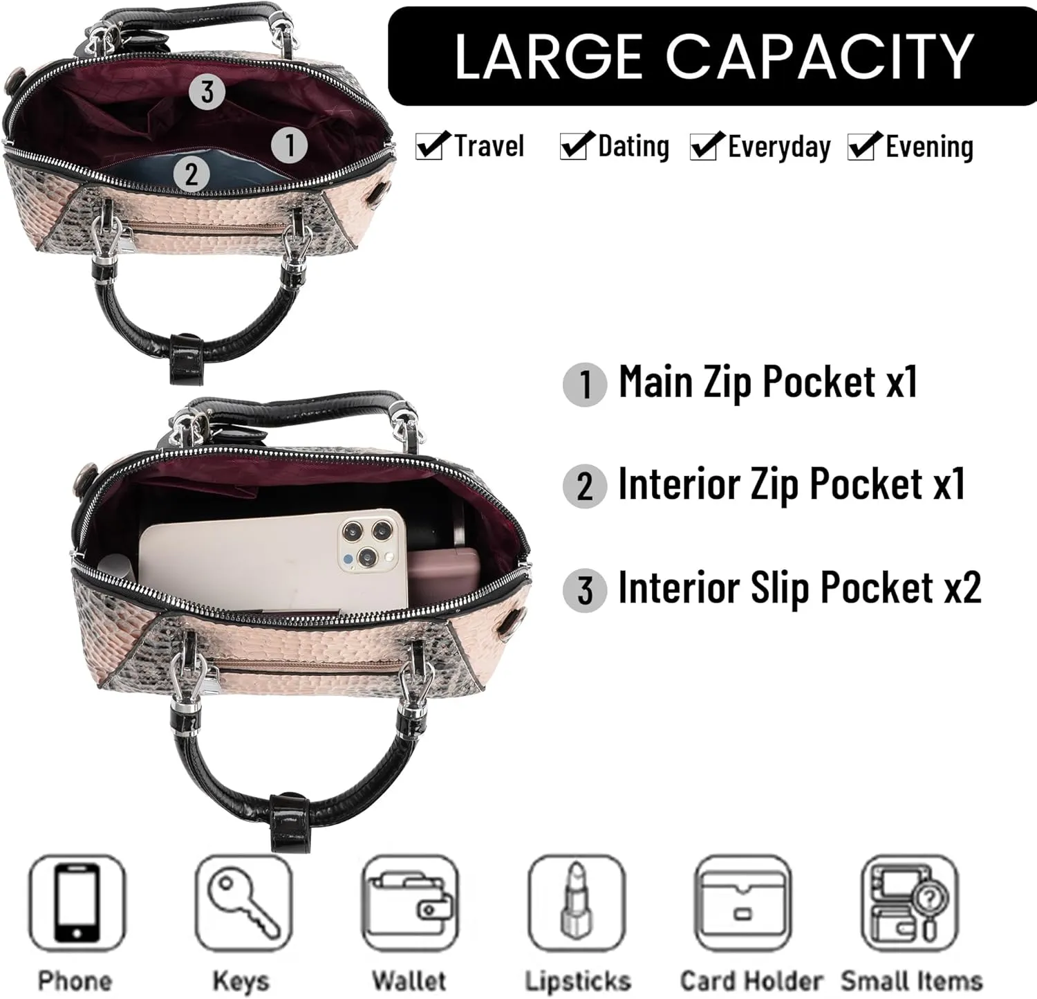 U Scinan Patent Leather Top Handle Tote Bag Mini Zip Around Dome Shoulder Bag Shell Shape Cross Body Handbag Purse Satchel