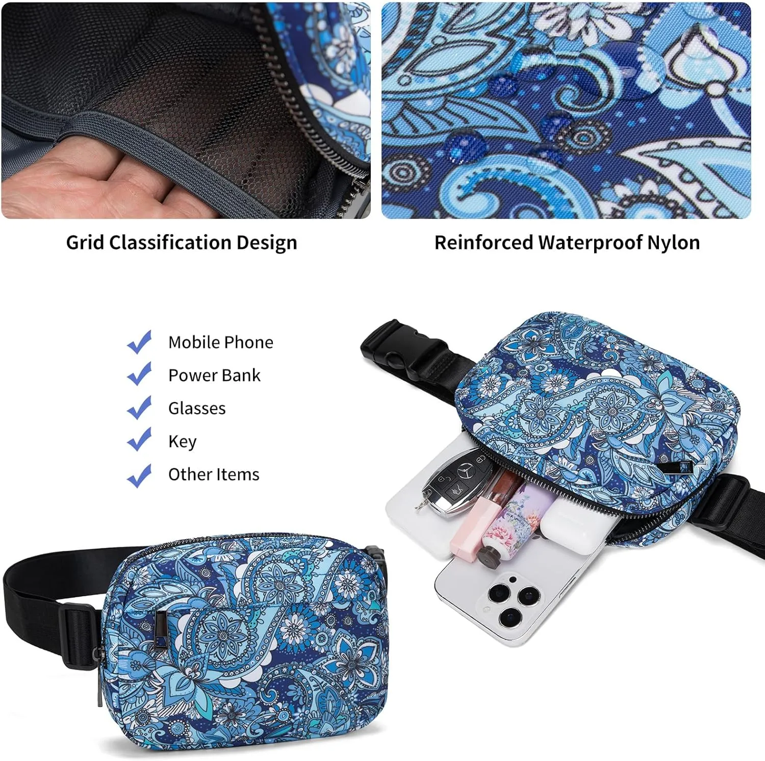Unisex Belt Bag Fanny pack crossbody bags Everywhere Waist packs with Adjustable Strap (BLUE PAISLEY)