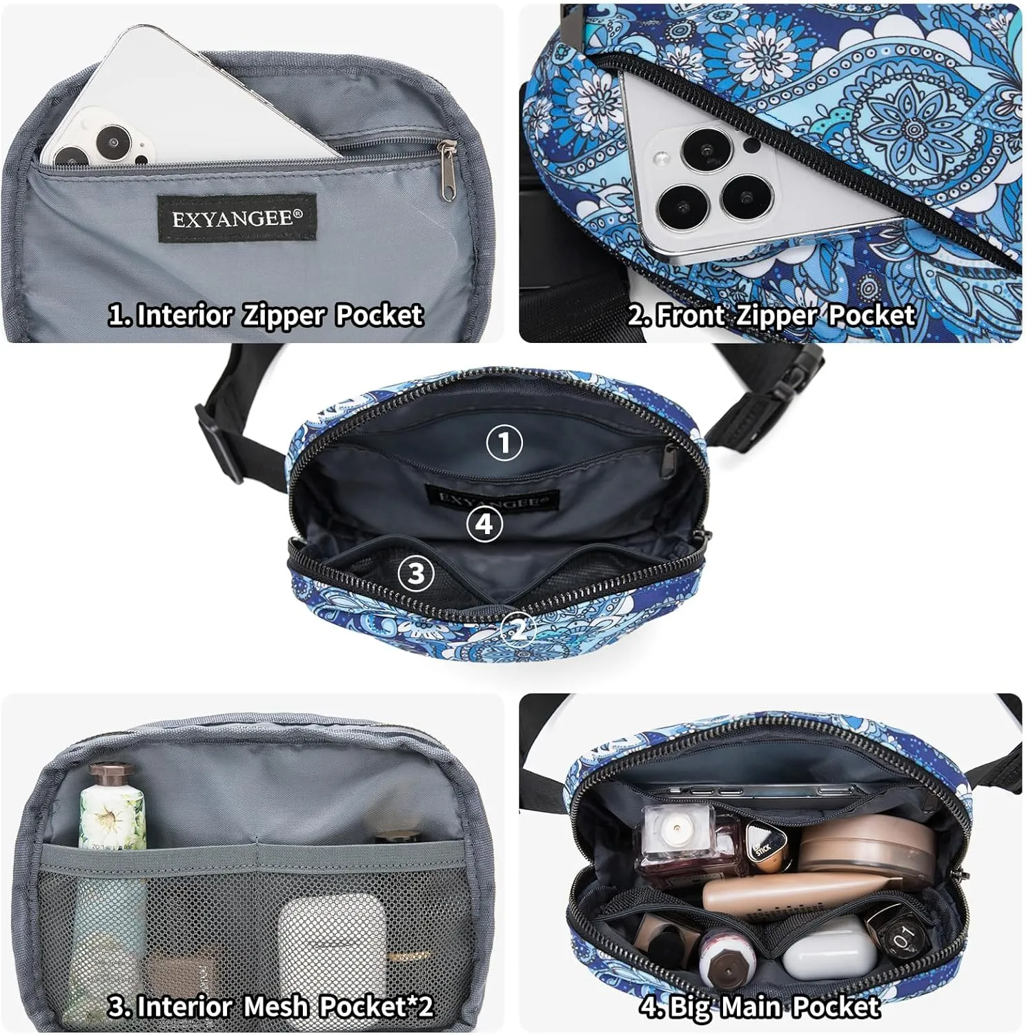 Unisex Belt Bag Fanny pack crossbody bags Everywhere Waist packs with Adjustable Strap (BLUE PAISLEY)