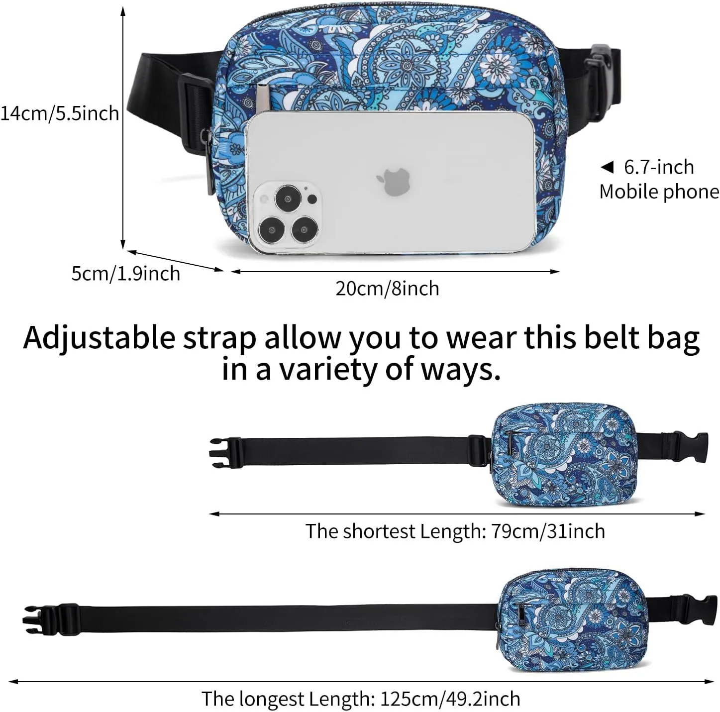 Unisex Belt Bag Fanny pack crossbody bags Everywhere Waist packs with Adjustable Strap (BLUE PAISLEY)