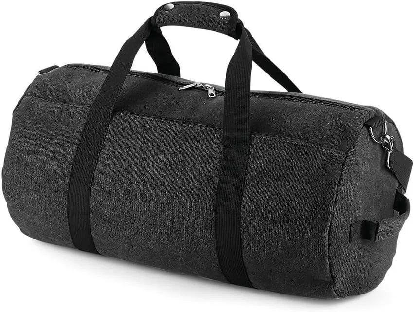 Vintage Canvas Barrel Bag BG655 - Sports gym Duffle Bag Travel Holdall - Vintage Black