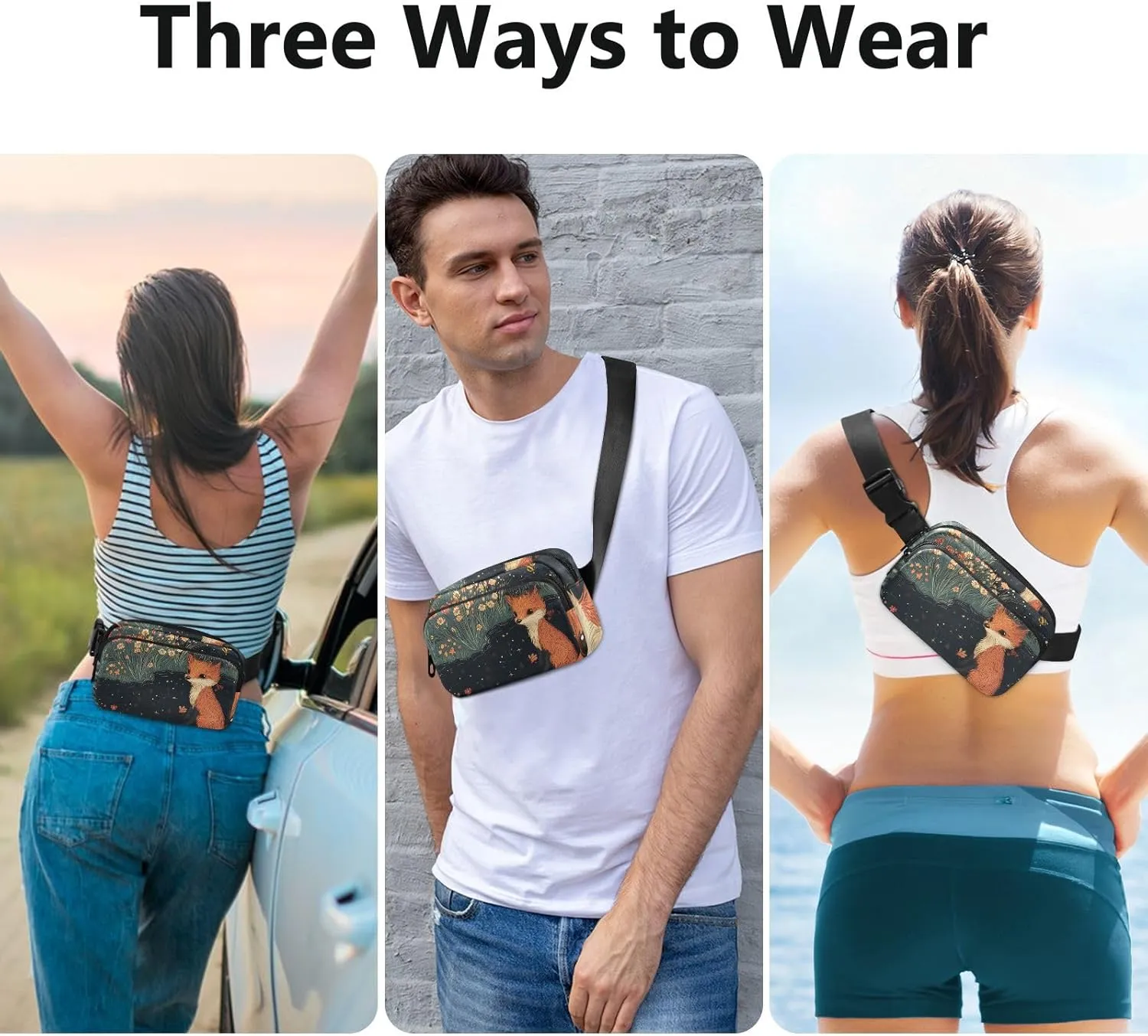 Waist Bag Fanny Pack, Multipurpose Women Men Bum Belt Bags with Adjustable Strap, Cute Fox A River, Waterproof Croose Body Purse for Travel Gym Work