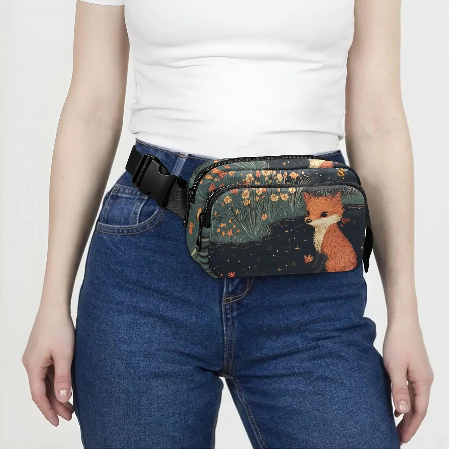 Waist Bag Fanny Pack, Multipurpose Women Men Bum Belt Bags with Adjustable Strap, Cute Fox A River, Waterproof Croose Body Purse for Travel Gym Work