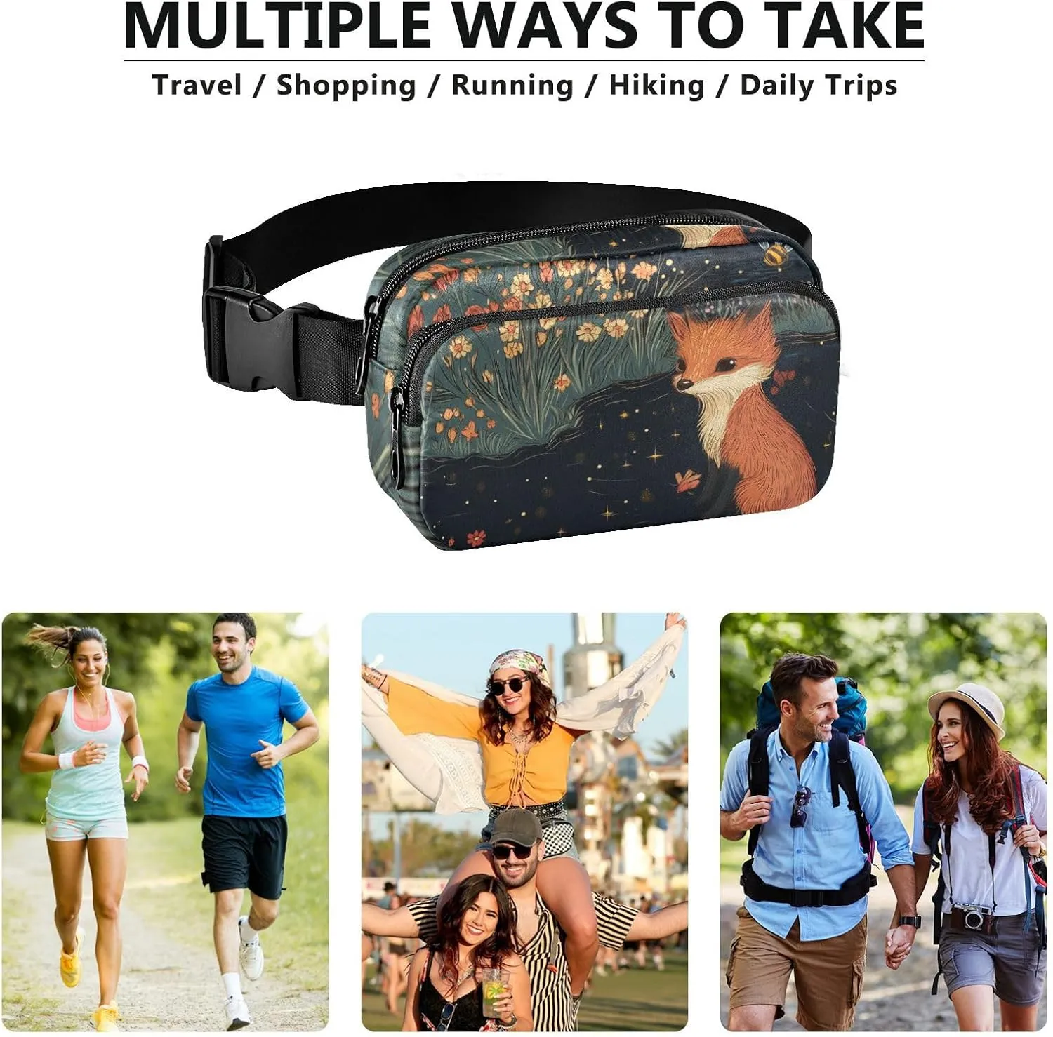Waist Bag Fanny Pack, Multipurpose Women Men Bum Belt Bags with Adjustable Strap, Cute Fox A River, Waterproof Croose Body Purse for Travel Gym Work