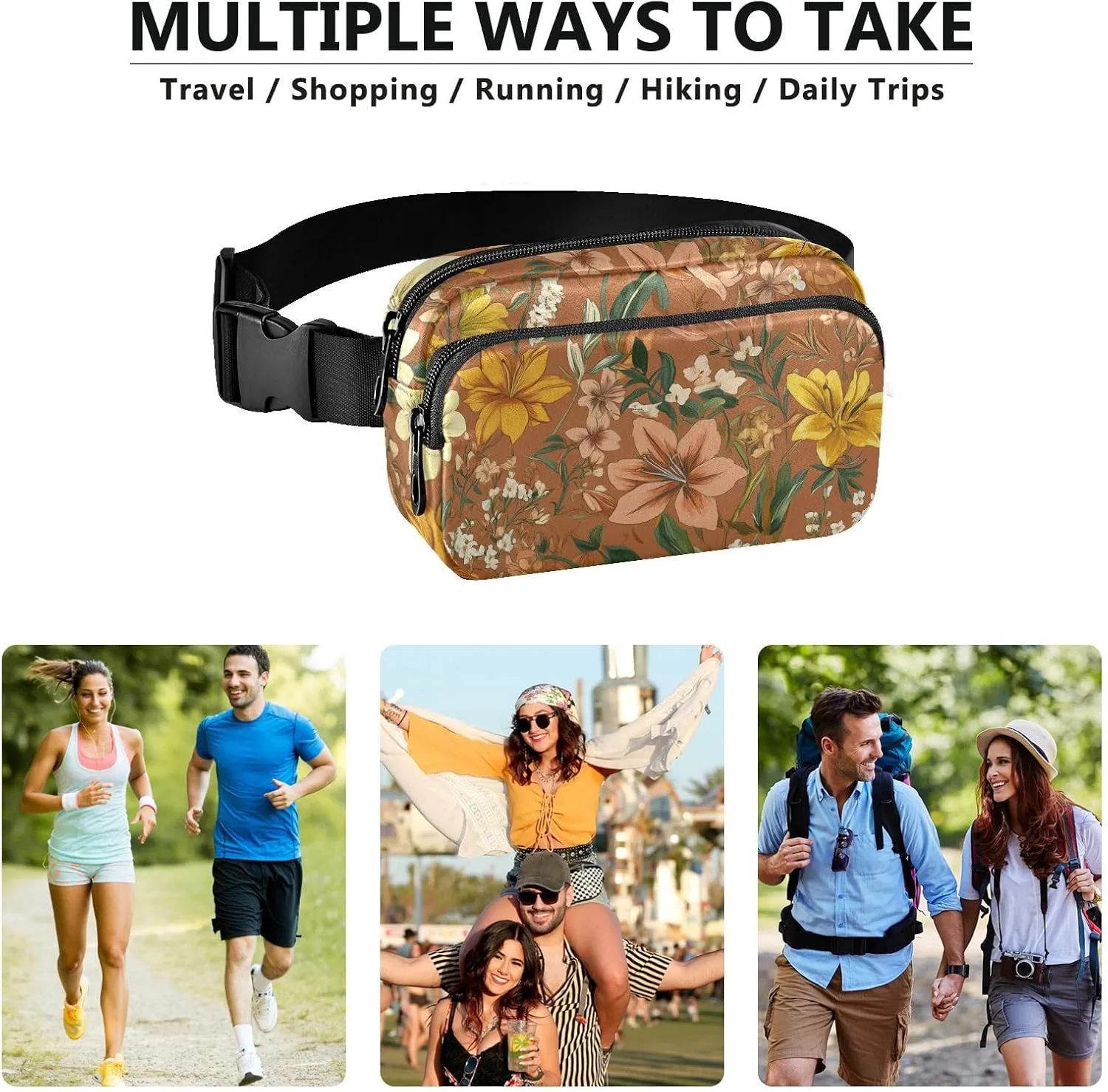 Waist Bag Fanny Pack, Multipurpose Women Men Bum Belt Bags with Adjustable Strap, Florals Lily Calendula Freesia Terracotta, Waterproof Croose Body Purse for Travel Gym Work