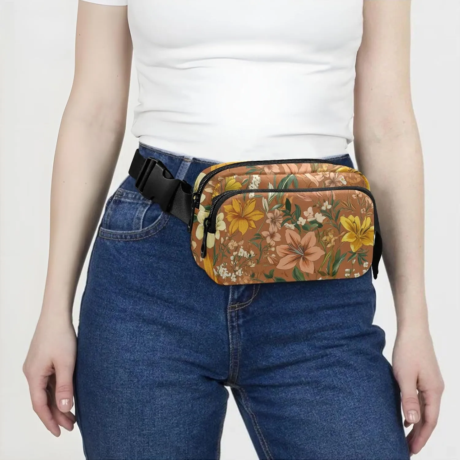 Waist Bag Fanny Pack, Multipurpose Women Men Bum Belt Bags with Adjustable Strap, Florals Lily Calendula Freesia Terracotta, Waterproof Croose Body Purse for Travel Gym Work
