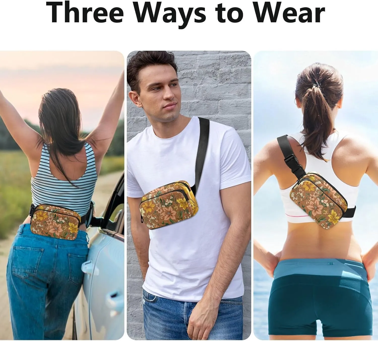 Waist Bag Fanny Pack, Multipurpose Women Men Bum Belt Bags with Adjustable Strap, Florals Lily Calendula Freesia Terracotta, Waterproof Croose Body Purse for Travel Gym Work