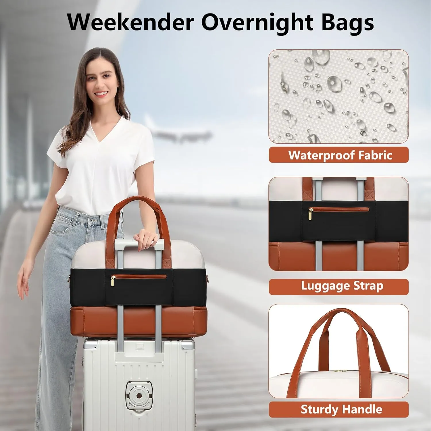 Weekender Travel Women Duffle Bags: Large Duffel Overnight Bag for Womens Weekend Personal Carry On Tote Bag with Shoe Compartment and Trolley Sleeve For Hospital Gym Traveling Work White-Black-Brown