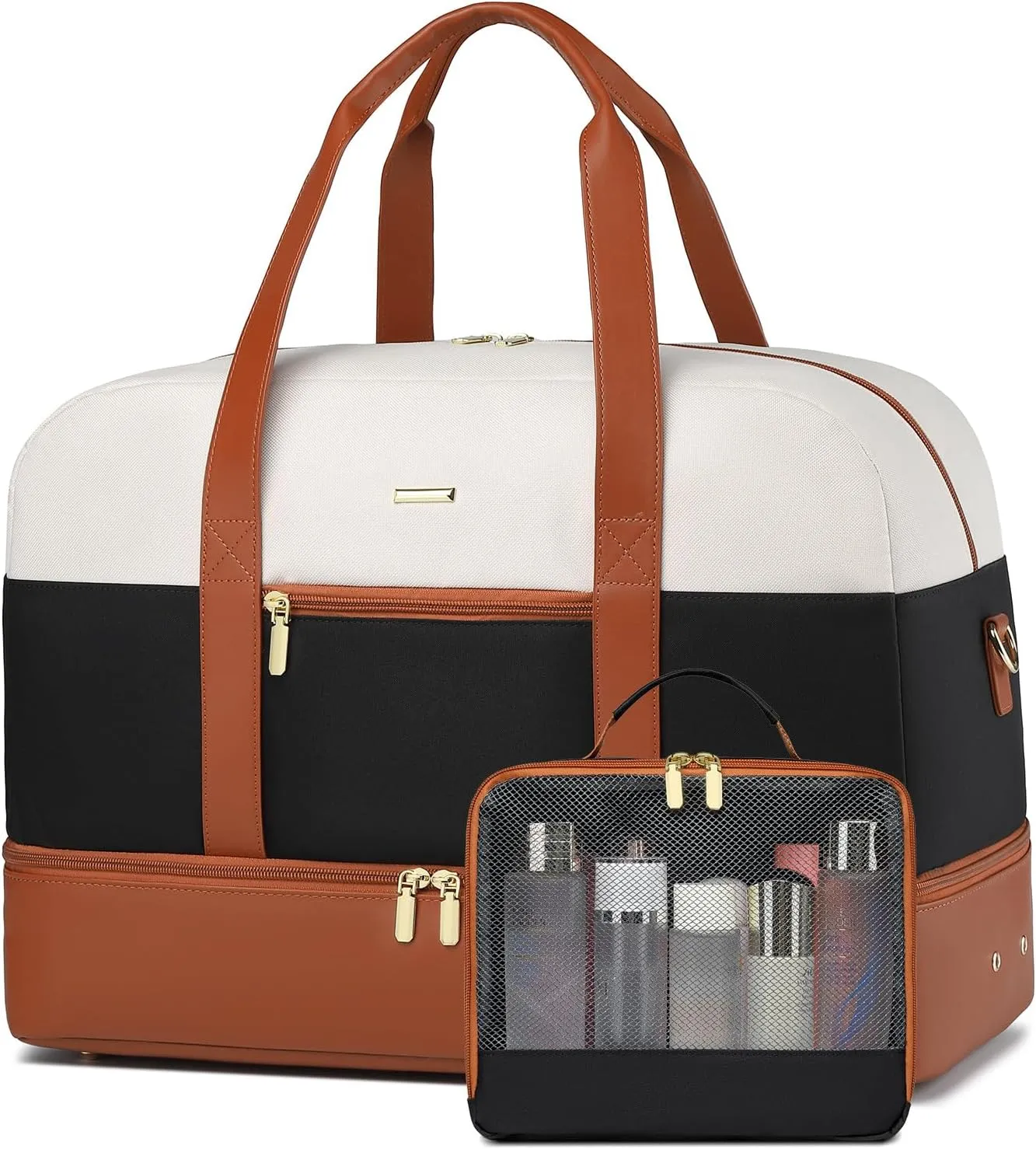 Weekender Travel Women Duffle Bags: Large Duffel Overnight Bag for Womens Weekend Personal Carry On Tote Bag with Shoe Compartment and Trolley Sleeve For Hospital Gym Traveling Work White-Black-Brown