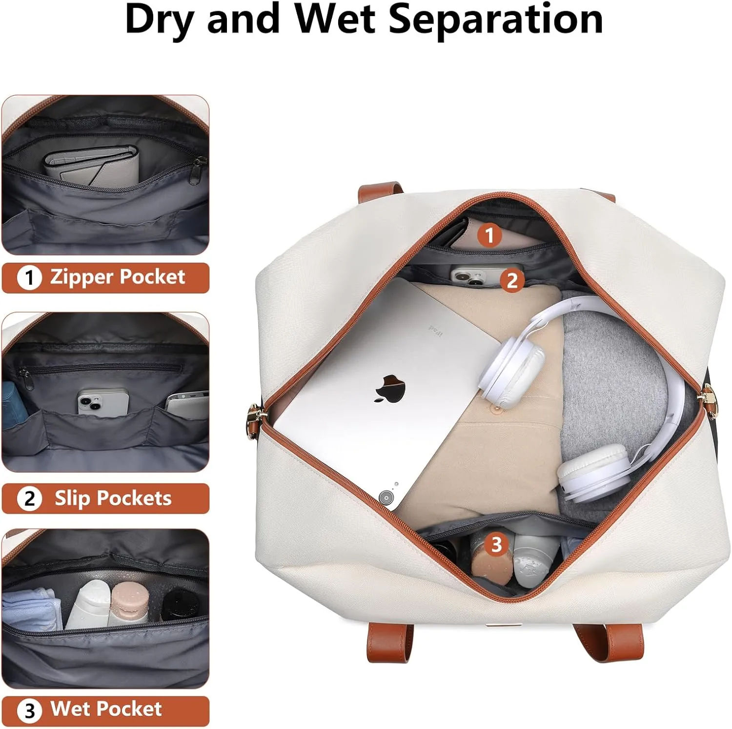 Weekender Travel Women Duffle Bags: Large Duffel Overnight Bag for Womens Weekend Personal Carry On Tote Bag with Shoe Compartment and Trolley Sleeve For Hospital Gym Traveling Work White-Black-Brown