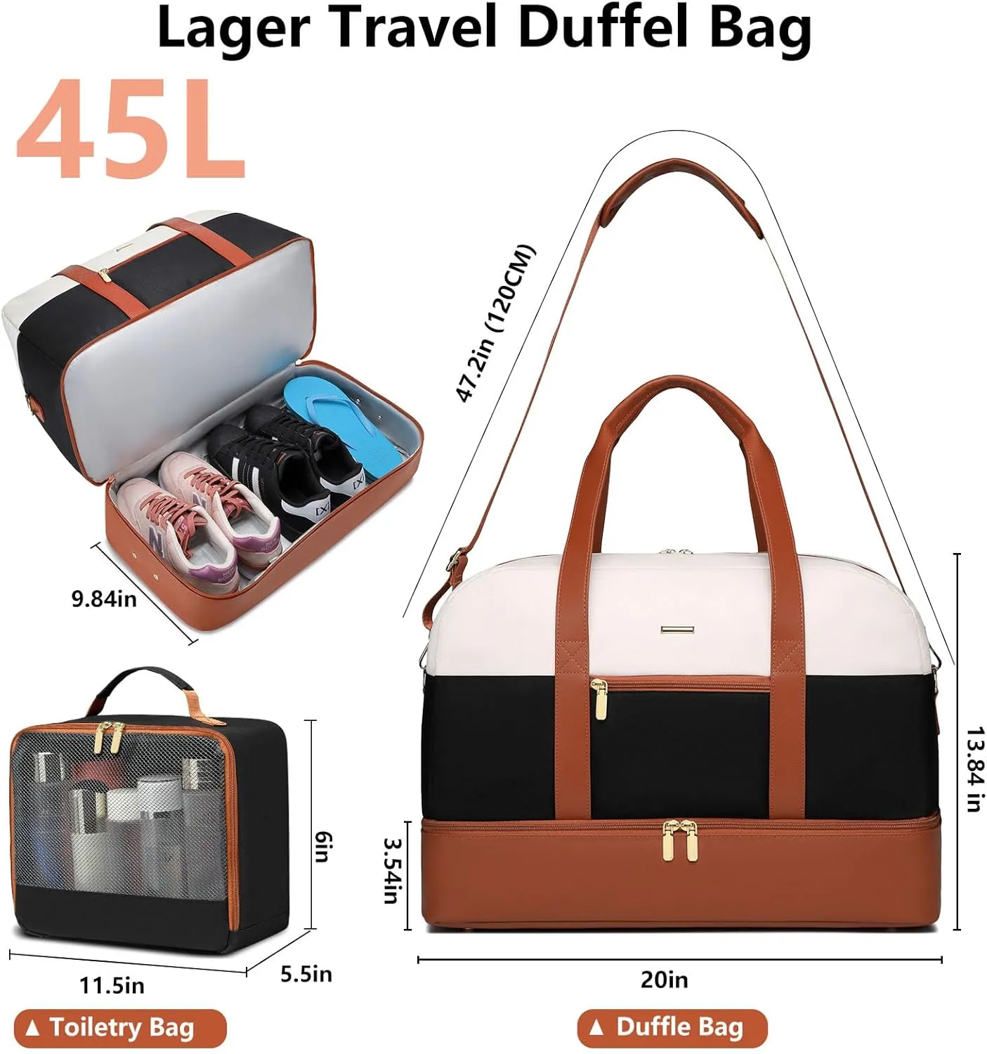 Weekender Travel Women Duffle Bags: Large Duffel Overnight Bag for Womens Weekend Personal Carry On Tote Bag with Shoe Compartment and Trolley Sleeve For Hospital Gym Traveling Work White-Black-Brown