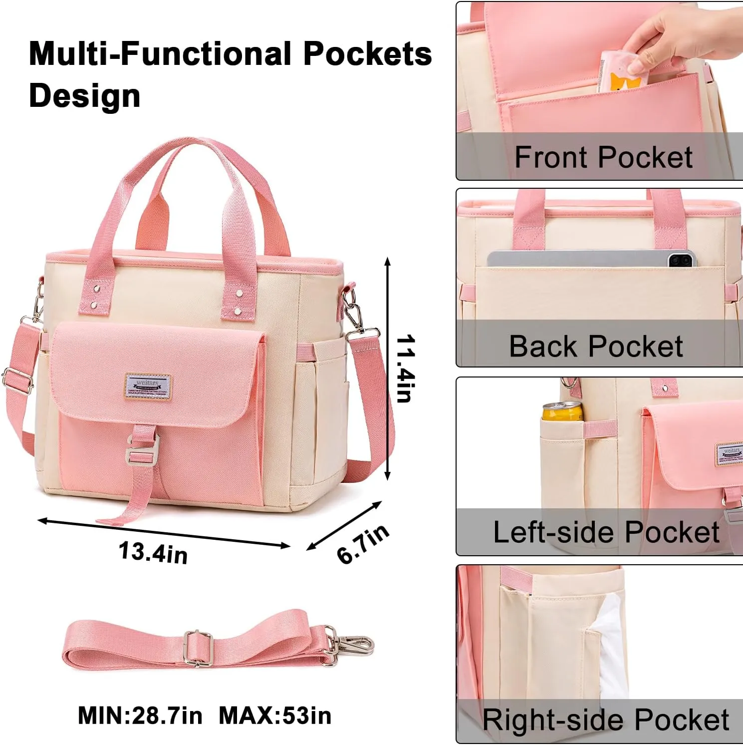 Weitars Insulated Lunch Bag for Men Women,Leak Proof Lunch Box for Work,Extra Large Lunch Tote Bag With Removable Shoulder Strap with Side Pockets,Reusable Lunch Bag For Picnic Hiking