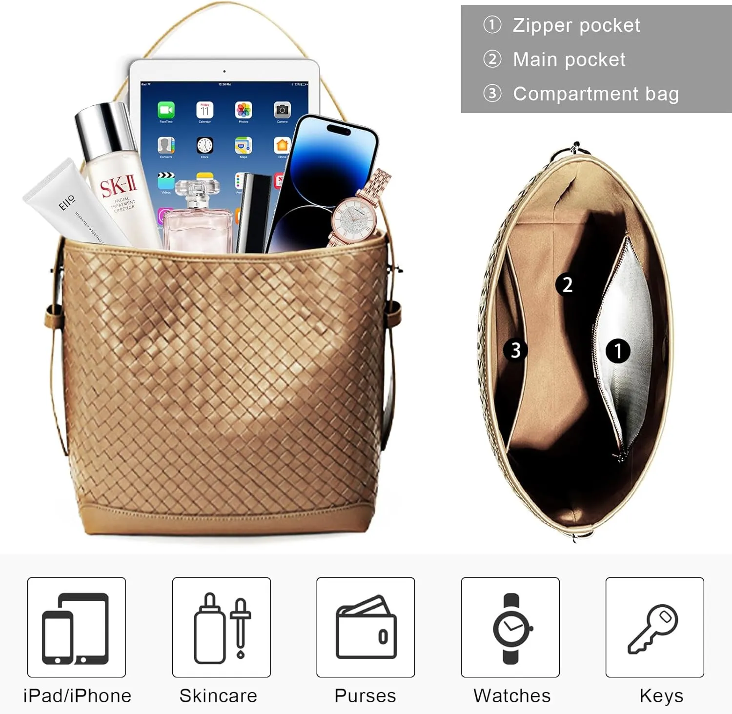Woven Shoulder Bag For Women Vegan Leather Bucket Bag Large Capacity Tote Bag Trendy Hobo Handbag Purse