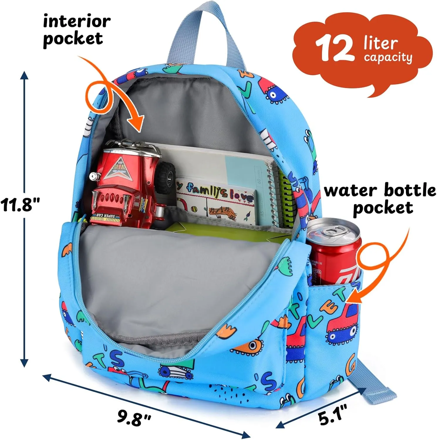 Zicac Toddler Backpack for Boys Girls 12 inch Mini Kids Backpack for School & Travel, Preschool Kindergarten Cartoon Daypack